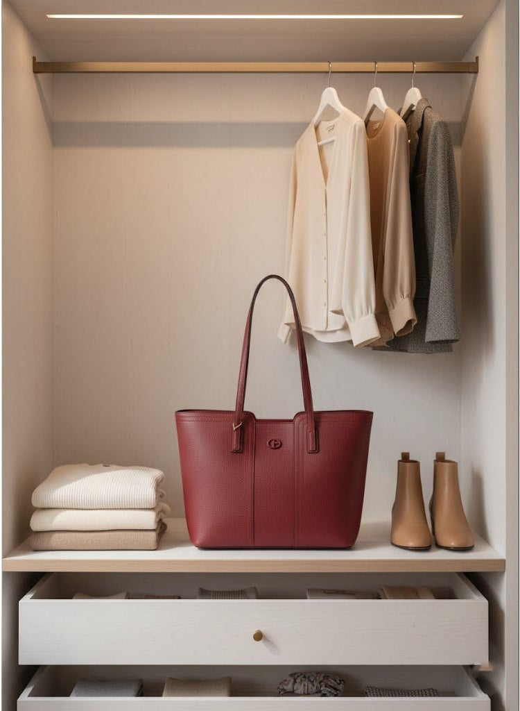 FUMES Wine red Structured Tote Bag – Premium Leather Women’s Shoulder Handbag - Image 3